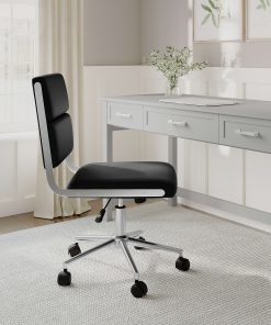 Martha Stewart Lulu Upholstered Office Chair, Black Faux Leather/Polished Nickel Frame