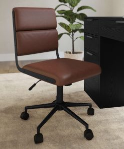 Martha Stewart Lulu Upholstered Office Chair, Saddle Brown Faux Leather/Oil Rubbed Bronze Frame