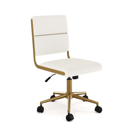 Martha Stewart Lulu Upholstered Office Chair, Off White Faux Leather/Polished Brass Frame - Image 2