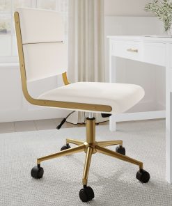 Martha Stewart Lulu Upholstered Office Chair, Off White Faux Leather/Polished Brass Frame