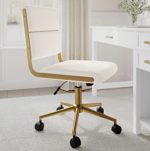 Martha Stewart Lulu Upholstered Office Chair, Off White Faux Leather/Polished Brass Frame