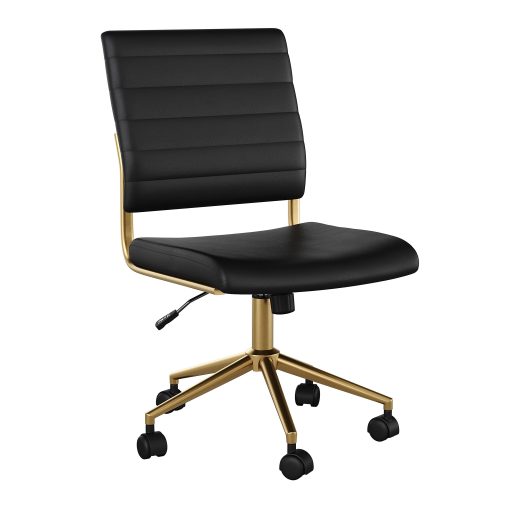 Martha Stewart Ivy Faux Leather Upholstered Mid-Back Executive Office Chair, Black/Polished Brass - Image 2