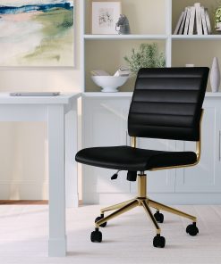 Martha Stewart Ivy Faux Leather Upholstered Mid-Back Executive Office Chair, Black/Polished Brass