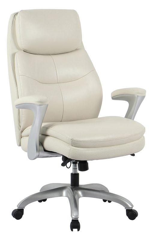 Realspace® Everton Ergonomic Vegan Leather High-Back Executive Chair with Flip-Up Armrests, Beige/Silver, BIFMA Compliant