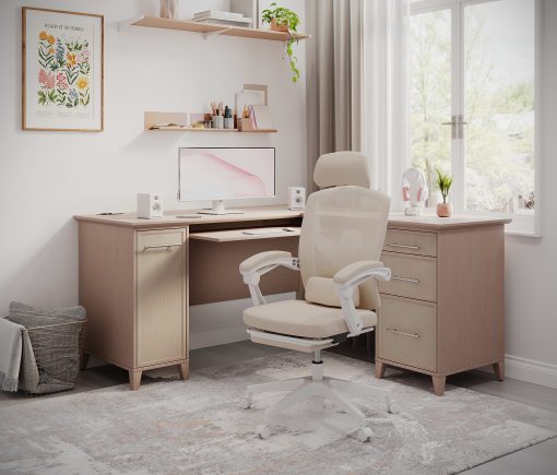 Realspace® Vallori Mesh/Fabric High-Back Chair With Retractable Footrest, Cream/White, BIFMA Compliant - Image 2