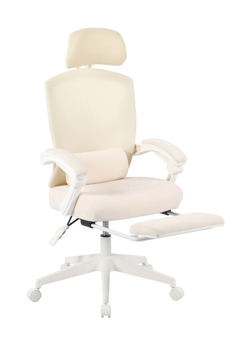 Realspace® Vallori Mesh/Fabric High-Back Chair With Retractable Footrest, Cream/White, BIFMA Compliant