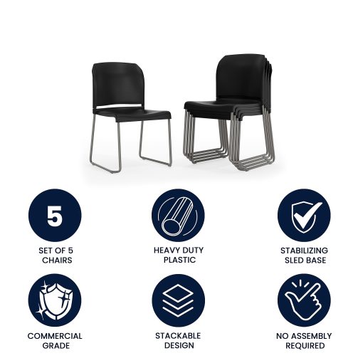 Flash Furniture HERCULES Series Full-Back Contoured Stack Chairs, Black/Silver, Set Of 5 Chairs - Image 2