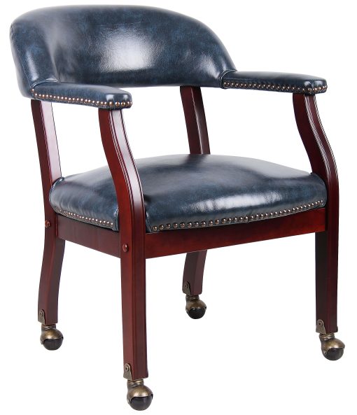 Boss Office Products Captain's Guest Arm Chair, With Casters, Blue/Mahogany - Image 2