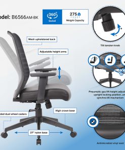 Boss Office Products Horizontal Ergonomic Mesh Mid-Back Office Task Chair With Antimicrobial Seat, Black 2