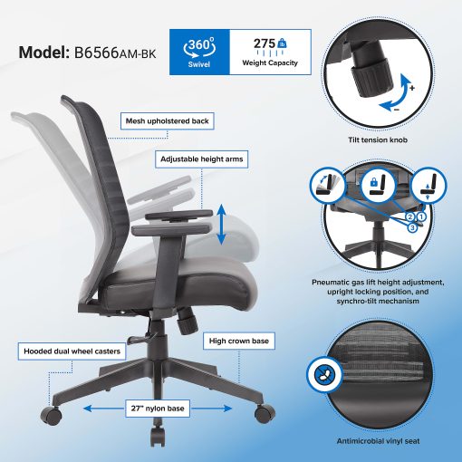 Boss Office Products Horizontal Ergonomic Mesh Mid-Back Office Task Chair With Antimicrobial Seat, Black - Image 2