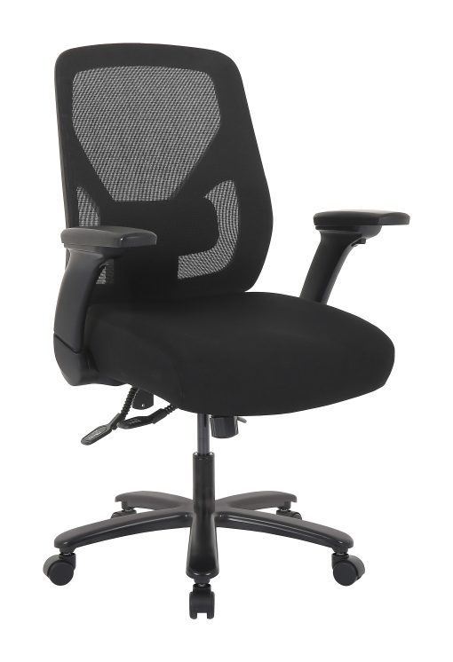 Realspace® MFTC 400 Big & Tall Ergonomic Mesh/Fabric High-Back Chair with Flip-Up Armrests, Black/Black, BIFMA Compliant
