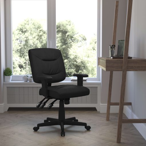 Flash Furniture LeatherSoft™ Faux Leather Low-Back Multifunction Ergonomic Swivel Task Chair With Adjustable Arms, Black - Image 2