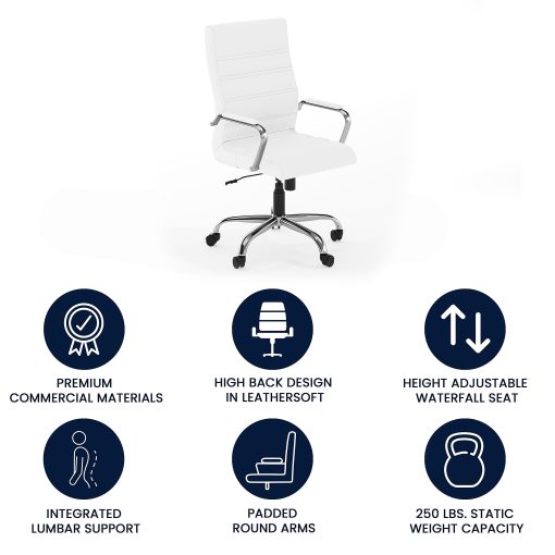 Flash Furniture LeatherSoft™ Faux Leather High-Back Office Chair With Chrome Base And Arms, White/Gray - Image 2