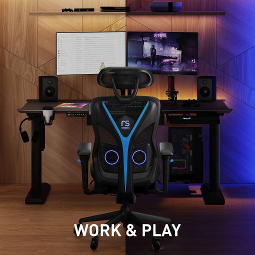 RS Gaming™ Eonix Ergonomic Mesh/Vegan Leather High-Back Active Chair & Footstool, Black/Blue, BIFMA Compliant - Image 2