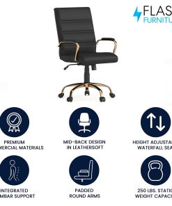 Flash Furniture LeatherSoft™ Faux Leather Mid-Back Office Chair With Chrome Base And Arms, Black/Gold 2