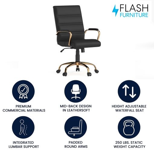 Flash Furniture LeatherSoft™ Faux Leather Mid-Back Office Chair With Chrome Base And Arms, Black/Gold - Image 2