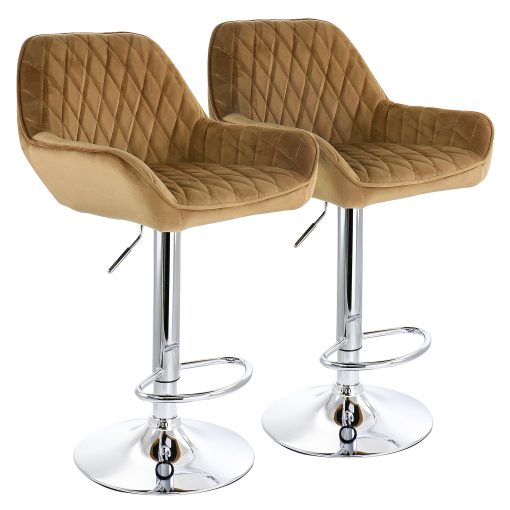 Elama Adjustable Velvet Bar Stools, Camel/Chrome, Set Of 2 Stools
