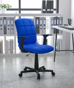 Flash Furniture Quilted Vinyl Mid-Back Swivel Task Chair, With T-Arms, Blue/Black