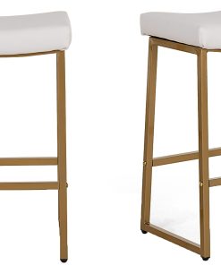 ALPHA HOME Saddle Design PU Leather Counter-Height Stools, White/Gold, Set Of 2 Stools 2