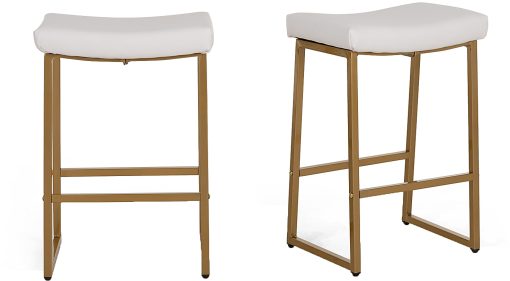 ALPHA HOME Saddle Design PU Leather Counter-Height Stools, White/Gold, Set Of 2 Stools - Image 2