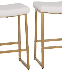 ALPHA HOME Saddle Design PU Leather Counter-Height Stools, White/Gold, Set Of 2 Stools