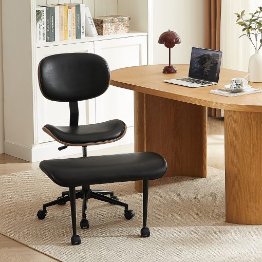 Bestier Ergonomic Faux Leather Mid-Back Cross Legged Office Task Chair With Wheels, Black - Image 2
