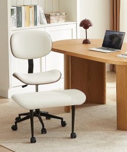 Bestier Ergonomic Faux Leather Mid-Back Cross Legged Office Task Chair With Wheels, White 2
