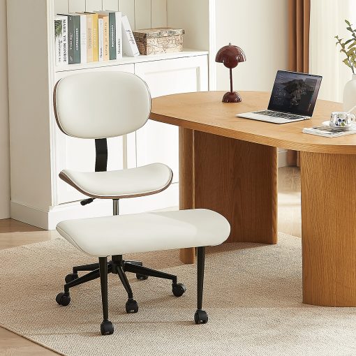 Bestier Ergonomic Faux Leather Mid-Back Cross Legged Office Task Chair With Wheels, White - Image 2