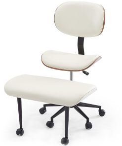 Bestier Ergonomic Faux Leather Mid-Back Cross Legged Office Task Chair With Wheels, White