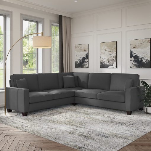 Bush® Furniture Stockton 99"W L-Shaped Sectional Couch, Charcoal Gray Herringbone Fabric, Standard Delivery