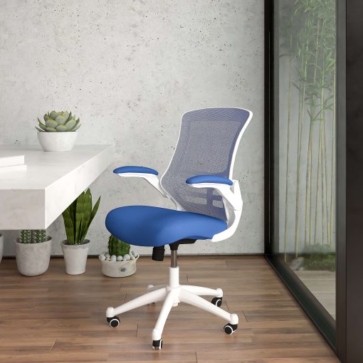 Flash Furniture Mesh Mid-Back Swivel Task Chair With Flip-Up Arms, Blue/White - Image 2