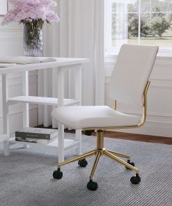 Martha Stewart Ivy Faux Leather Upholstered Mid-Back Executive Office Chair, White/Polished Brass