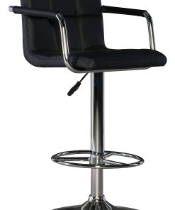 Powell Quilted Faux Leather Bar Stool with Arms, Black/Chrome
