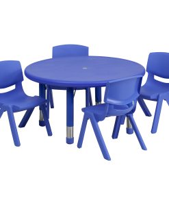 Flash Furniture Round Plastic Height-Adjustable Activity Table Set With 4 Chairs, 23-3/4" x 33", Blue