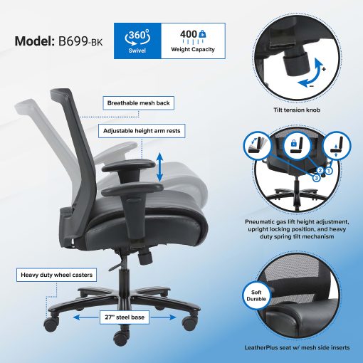 Boss Office Products Heavy-Duty Ergonomic LeatherPlus™ Bonded Leather/Mesh Mid-Back Chair, Black - Image 2