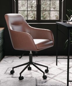 Martha Stewart Rayna Faux Leather Upholstered Mid-Back Office Task Chair, Saddle Brown/Oil-Rubbed Bronze