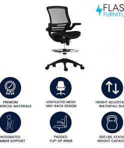 Flash Furniture Mid-Back Transparent Mesh Drafting Chair with Flip-Up Arms, Black 2