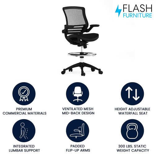 Flash Furniture Mid-Back Transparent Mesh Drafting Chair with Flip-Up Arms, Black - Image 2