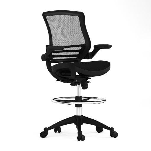 Flash Furniture Mid-Back Transparent Mesh Drafting Chair with Flip-Up Arms, Black