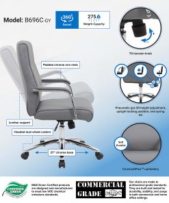 Boss Office Products Modern Executive Conference Ergonomic Chair, Caressoft™ Vinyl, Gray/Chrome 2