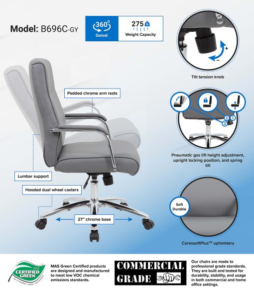 Boss Office Products Modern Executive Conference Ergonomic Chair, Caressoft™ Vinyl, Gray/Chrome - Image 2