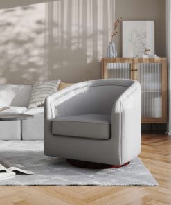 Flash Furniture Dean Club Style Commercial LeatherSoft Barrel Accent Armchair with 360 Degree Swivel Metal Base and Sloped Armrests, Gray LeatherSoft 2