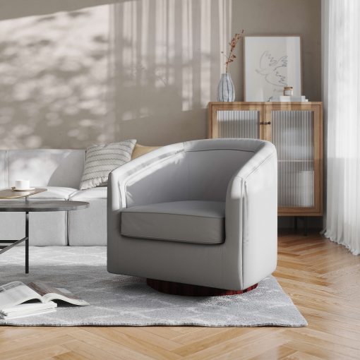 Flash Furniture Dean Club Style Commercial LeatherSoft Barrel Accent Armchair with 360 Degree Swivel Metal Base and Sloped Armrests, Gray LeatherSoft - Image 2