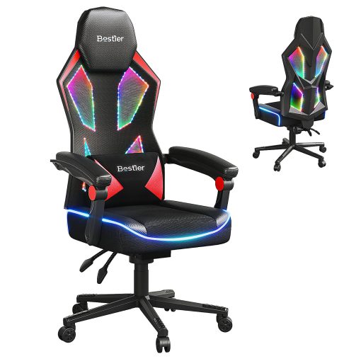Bestier Ergonomic Gaming Chair With Integrated LED Lights, Black/Red - Image 2