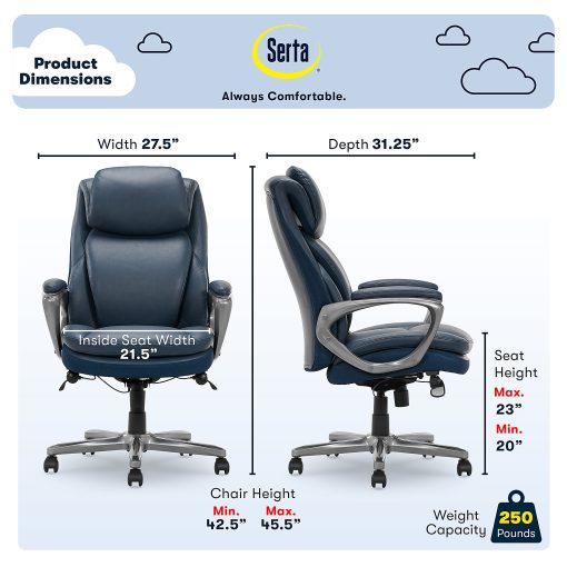 Serta® Smart Layers™ Arlington AIR™ Ergonomic Bonded Leather High-Back Executive Chair, Navy/Silver - Image 2